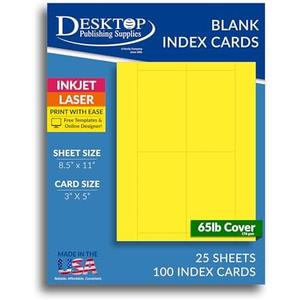 65lb Bright Yellow Printable Index Cards 3x5 - Index Card Sheets for Inkjet & Laser Printers - Perforated cards 4 per page - 25 Sheets / 100 Index Cards