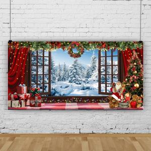 20x10ft Christmas Window Backdrop for Photography Winter Wonderland Snow Mountain Christmas Tree Photo Background Xmas Theme Holiday Party Decorations Banner Family Photoshoot Background (Red)