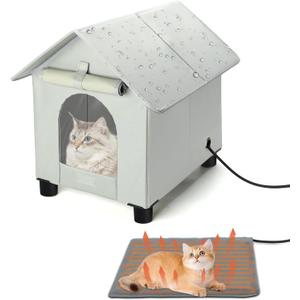 Heated Cat Houses in Winter Waterproof, Elevated Heated Outdoor Cat House Insulated Outside Feral Cat House Shelter with Escape Door for Cats or Small Dogs (Grey, Small (13.4"x16.9"x18.5"))