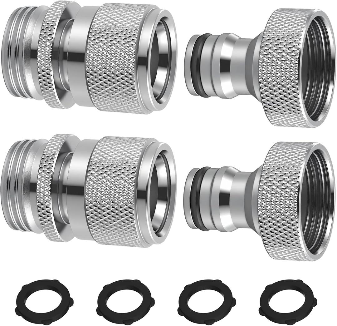 Hibbent Garden Hose Quick Connector, 2 Sets Solid Brass 3/4 Inch GHT Thread Faucet Hose Quick Connect Fitting, Female and Male Adapter