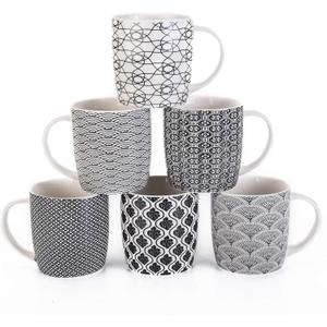 Set of 6 11.5 oz Coffee Mugs with Black and White Geometric Patterns, Ceramic Tea Cup Set