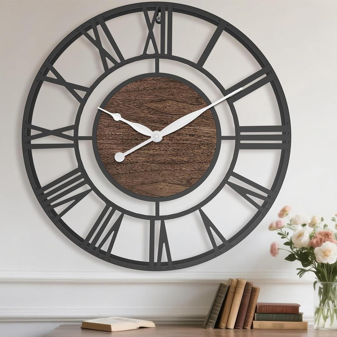 Pytha Sight 24 Inch Large Oversized Farmhouse Modern Decorative Wall Clock for Living Room,Silent Industrial Big Roman Numerals Vintage Metal Round Wall Clocks for Kitchen,Dinng Room,Office