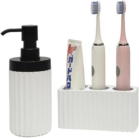 Suanti 2PCS Bathroom Accessories Set with Large-Opening Ribbed Soap Dispenser and 3 Compartment Toothbrush&Toothpaste Holder, Resin Farmhouse Bathroom Decor Set Countertop Organizer-Matte White