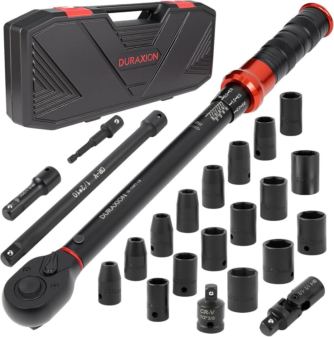23PCS 1/2-Inch Drive Torque Wrench Set, 10-170FT.LB/13.6-230.5Nm, 1/2 Drive Click Torque Wrench Set, 72-Tooth Dual-Range, 3% Precision Adjustable Torque Wrenches for Cart, Motorcycle, Lug Nut