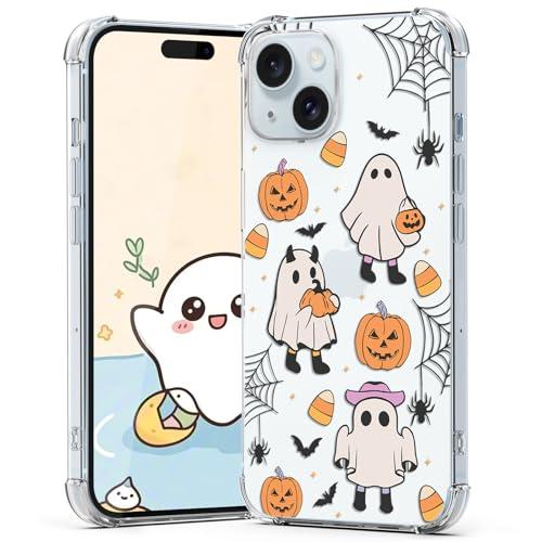 Pack of 2, XIMIZU Halloween Case for iPhone 15 Plus Pumpkin, Ghost Designed Soft Slim Fit TPU Anti-Scratch Shockproof Protective Mobile Cover Clear Phone Case for iPhone 15 Plus