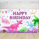 WERNNSAI Watercolor Dinosaur Backdrop - 73'' X 43'' Pink Dinosaur Birthday Party Decorations for Girls Kids Dino Theme Party Photography Background Decorations for Birthday Indoor Outdoor Wall Decor