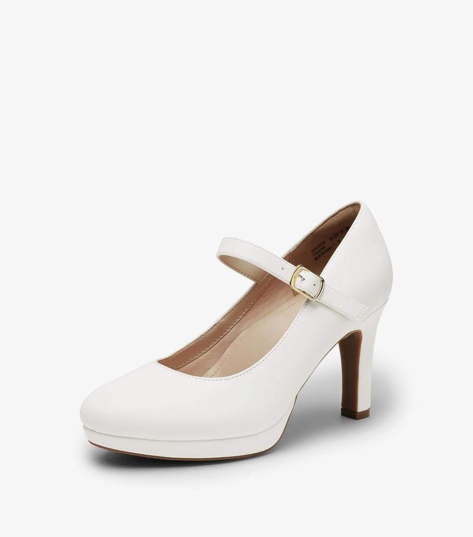 DREAM PAIRS Women's Pumps Close Toe Classic High Heels Round Toe Comfortable Low Platform Mary Jane Dress Shoes(Color White, Size 7.5)