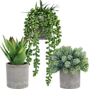 Winlyn Set of 3 Mini Potted Succulents Artificial String of Pearls Aloe Hops Succulent Plants in Gray Pots for Gifts Table Shelves Windowsill Office Desk Indoor Greenery Decorations Wedding Favors
