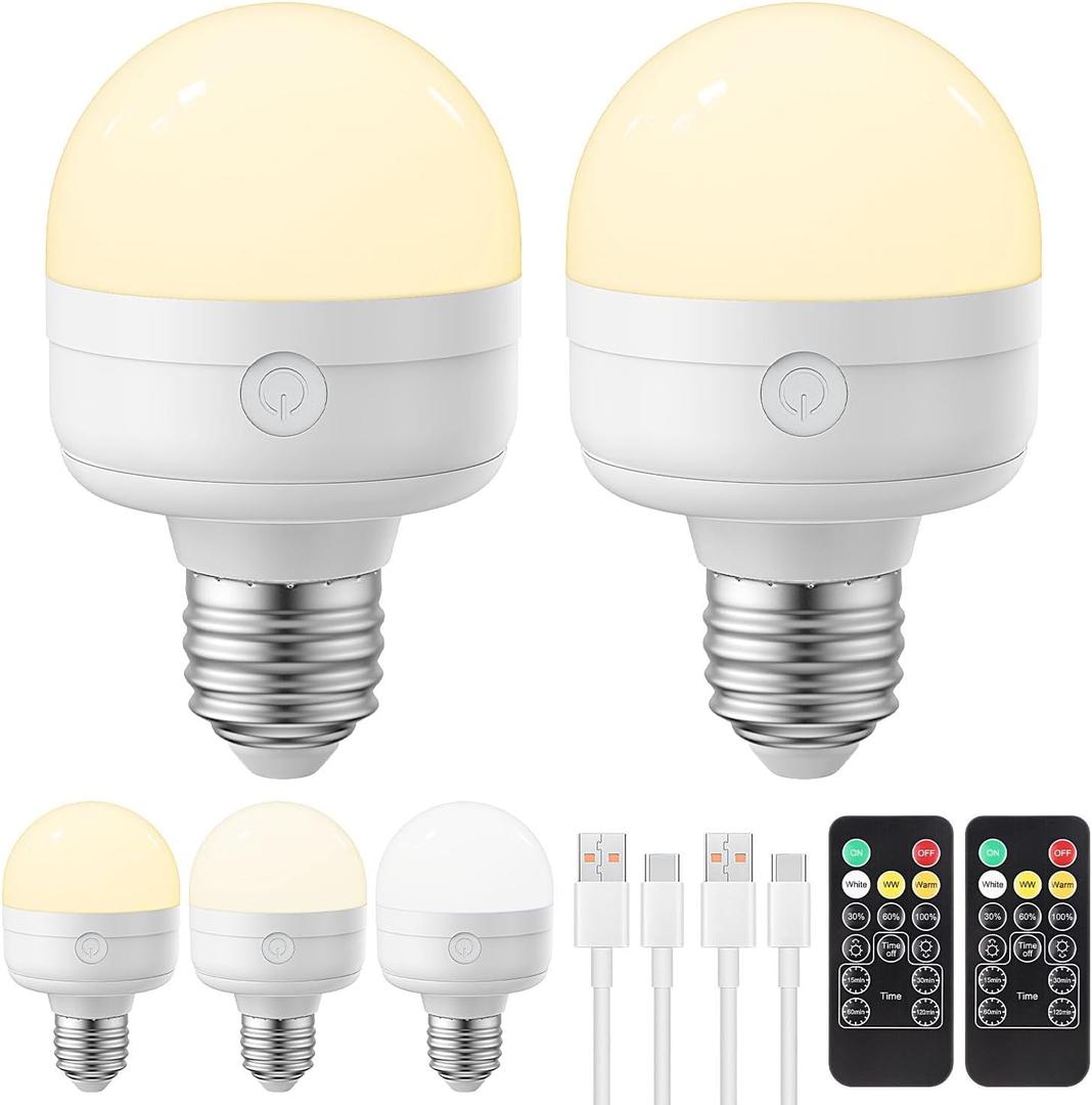 Rechargeable Light Bulb with Remote - E26 2Pack 5W 350LM Dimmable Detachable LED Bulb 3 Color Temperature Options & 3 Timer, 2000mAh Battery Operated Magnetic Bulbs, Bulbs for Non-Hardwired Fixture