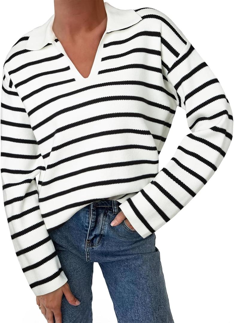 EVALESS Sweaters for Women Long Sleeve V Neck Striped Knit Drop Shoulder Fall Jumper 2025 Henley Pullover (Large)