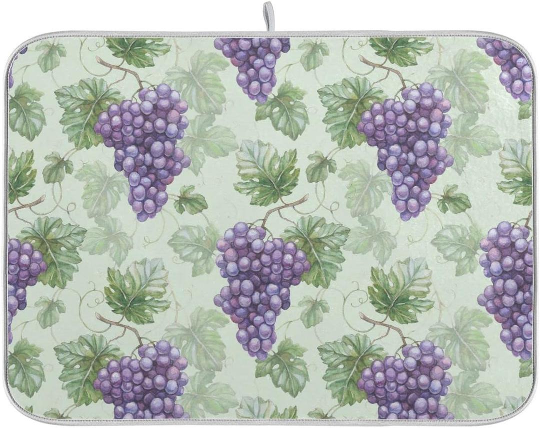 Grapes Purple Rustic Dish Drying Mat for Kitchen Green Leaves Country Fruits Microfiber Drying Mats Absorbent Reversible Dish Pad Medium Dish Draining Mat 16x18 inch