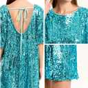 Women's Crew Neck Sequin Dress for Women Sexy V Neck Shirt Dress Sparkly Half Sleeve Loose Party Club Cocktail Dress (Blue, L)