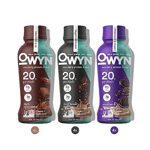 OWYN Protein Shake Variety Pack, Dark Chocolate, Cold Brew Coffee, Cookies and Creamless Flavored Protein Shakes, 20g Protein, 4g Sugar, 3g Fiber, Dairy Free, Plant Based Protein Drink, 12 Count (Best Before: 05/03/2026 and 5/14/2026)