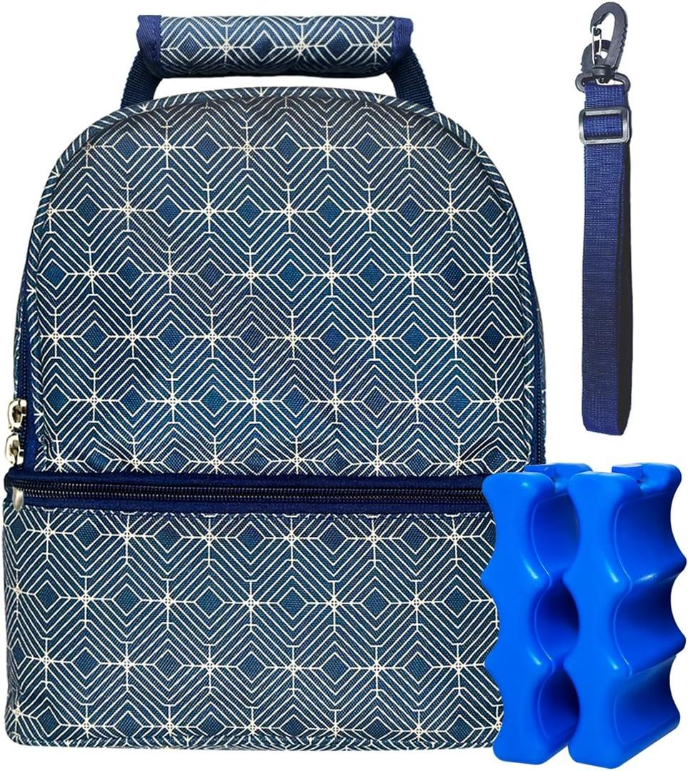 Insulated Breast Milk Cooler Bag Fits 6 Bottles -Includes 2 Ice Packs Dual Zipper Compartments - Detachable Strap - 9.4"x6.7"x10.6" Blue Geometric Design - Portable & Durable