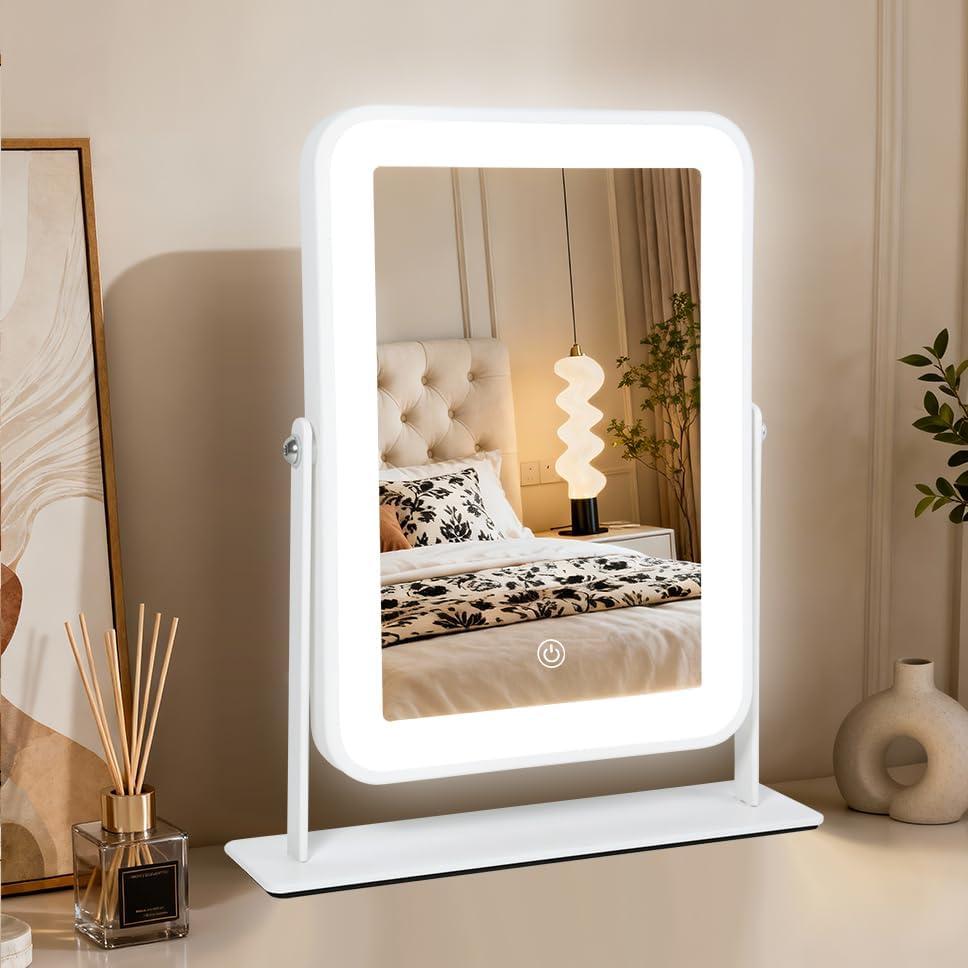 YEKKOPT Small Desk Mirror with Lights, Lighted Makeup Mirror with Light, Portable Tabletop Make Up Mirror for Desk, Vanity Mirror with Lights,Smart Touch Control, Dual Power Supply, 360Rotation (11"L x 9"W, White)