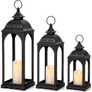 3 Pack Large Decorative Lanterns for Outdoor Porch 25 19 13 inch Metal Farmhouse Lanterns with 3 Flameless LED Candles, Rustproof Hanging Floor Decor for Indoor Patio Fireplace Home(Black)