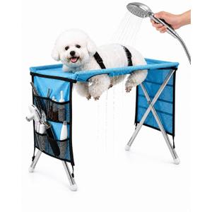 Cat Dog Grooming Hammock, Pet Bath Stand Mesh Bathing Station with Stainless Steel Frame, Foldable Grooming Table for Small & Medium Pets Trimming, Bathing, Brushing (Blue, For pets under 30 kg)