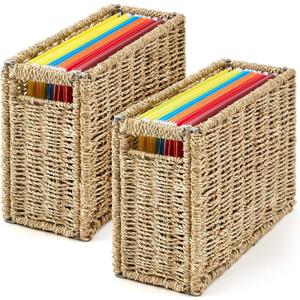 Novabright 2 Pcs Hanging File Desk Organizer 14.5 x 6 x 10.8 Inch Seagrass Hanging File Box Collapsible Portable Filing Basket, Letter Size Woven Storage Basket for Home Office Document Filing Decor
