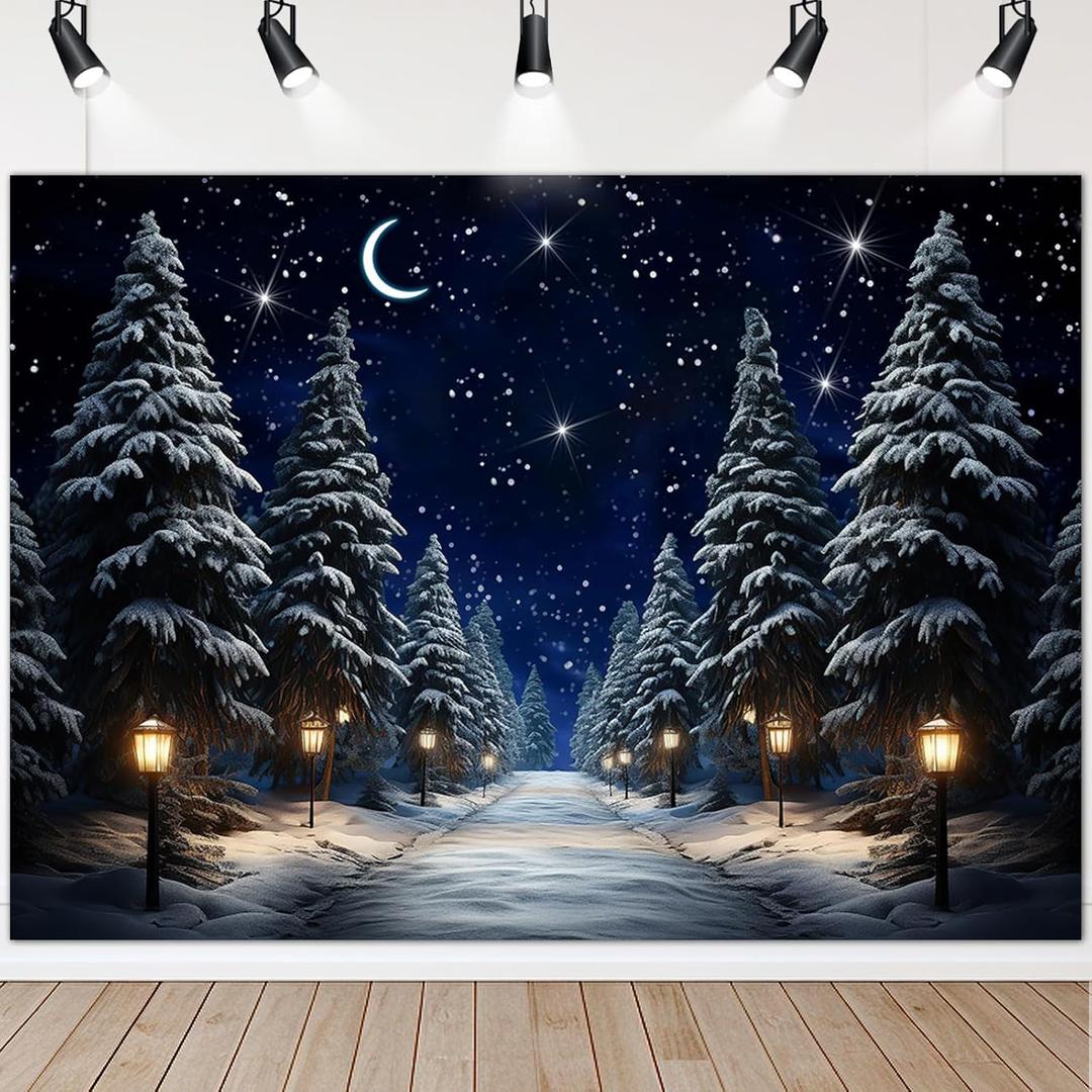 Avezano 8x6 ft Winter Snowing Night Backdrop Pine Forest Winter Scene Photography Backdrop North Pole Christmas Photo Banner Background for Baby Family Festival Holiday