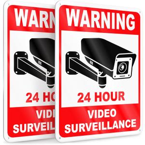 2 PC 24 Hour Video Surveillance Sign, Reflective 7x10 Aluminum Smile You're On Camera Signs Outdoor, Weatherproof Security Camera Warning Signs for Home & Business, UV Protected Rust-Free
