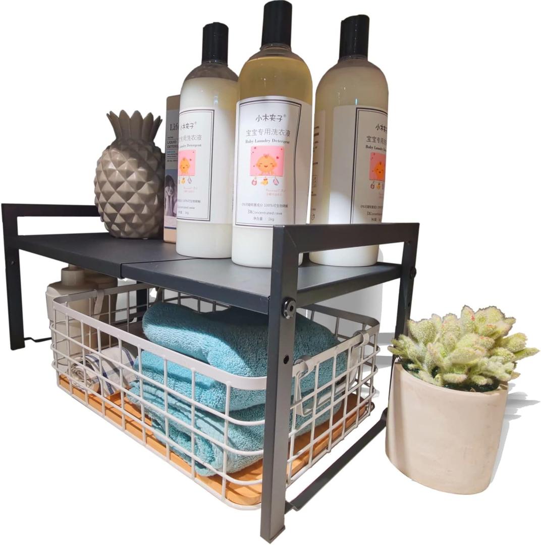 Expandable Cabinet Shelf Organizer 16-26" L Stackable Kitchen Counter Shelf Sink Rack Countertop Storage Black (Wide 10.6D)