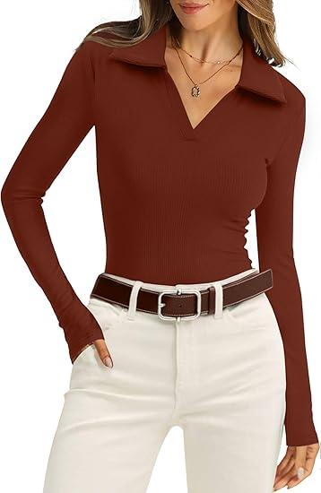 WIHOLL Womens Polo Shirts Long Sleeve Business Casual Tops Collared V Neck Ribbed Knit Sweater Slim Fit Blouses Size XXL WIHOLL Womens Polo Shirts Long Sleeve Business Casual Tops Collared V Neck Ribbed Knit Sweater Slim Fit Blouses Size XXL