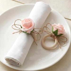 Flower Napkin Rings Set of 12 Wooden Pink Rose Handmade Napkin Holders for Wedding Mother's Day Birthday Dinner luncheons Picnics Banquet