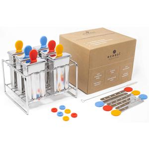 Stainless Steel Popsicle Molds, 6 Ice Popsicle Makers, 6 Stainless Steel Sticks, 12 Silicone Seals and 1 Coconut Cleaning Brush, Eco Popsicle Molds for Kids and Adults, 3 oz Per Mold (Square)