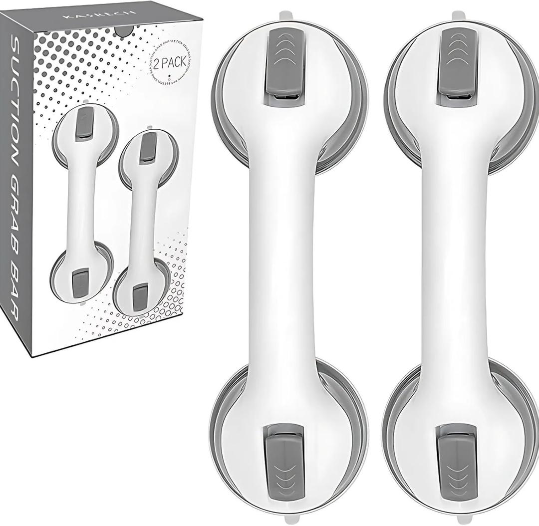 2 Pack Grab Bars for Bathtubs and Showers - 12 Inch Suction Grab Bars for Shower, Removable Handrails, Shower Handles for Elderly Suction and Seniors Safety Grip No Drilling Waterproof, Grey