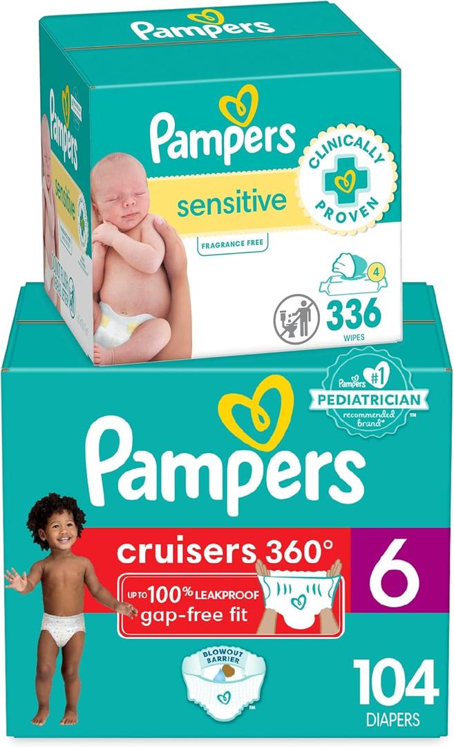 Pampers Pull On Cruisers 360 Fit Disposable Baby Diapers Size 6, 104 Count with Sensitive Water Based Baby Wipes 4X Pop-Top Packs (336 Count)