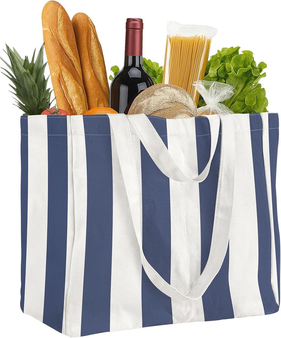 Miss Adola Extra Large Canvas Grocery Tote Bag - Reusable Washable Shopping Shoulder Bag with Inner Pockets & Handle Straps (Blue & White Stripes)