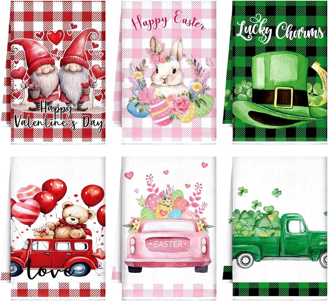 Sratte 6 Pcs Easter Kitchen Towels St. Patrick's Day Valentine's Day Dish Hand Towels 23.62 x 15.75 Decorative Holiday Heart Gnome Shamrock Bunny Tea Dry Cloth for Seasonal Kitchen Bathroom Decor (Red, Pink, Green)