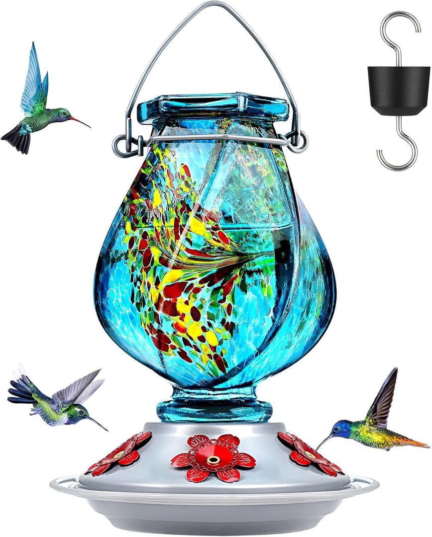 BOLITE Hummingbird Feeder, Hand Blown Glass Hummingbird Feeders for Outdoors Hanging with Ant Moat, 5 Bee-Proof Ports, Leak-Proof, 360 Perch, 22oz, Blue, Gifts for Women Men, Gifts for Mom Dad
