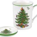 Spode Christmas Tree 12 oz Mug & Coaster Set - Holiday Coffee Cup, Tea Cup, Hot Chocolate Mug, Christmas Drinkware, Festive Tableware, Holiday Gift - Fine Porcelain, Dishwasher & Microwave Safe