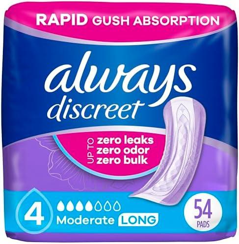 Always Discreet Adult Incontinence Pads for Women, Moderate Absorbency, Long Length, Postpartum Pads, 54 Count