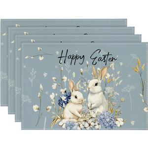 Artoid Mode Bunny Rabbits Hydrangea Happy Easter Placemats Set of 4, 12x18 Inch Seasonal Spring Table Mats for Party Kitchen Dining Decoration (Blue)