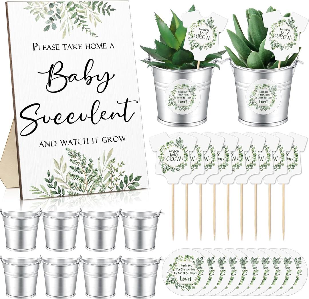 Fulmoon 151 Pcs Baby Shower Favors for Guests Include 1 Greenery Sign 50 Watch Baby Grow Succulent Tags 50 Small Metal Bucket with 50 Succulent Stickers for Guests