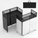 LUCKUP Portable DJ Booth 41"L x 20"W DJ Facade with White & Black Scrim, Foldable DJ Table Station with Adjustable Feet for Party, Black Metal Frame, 41.3"Lx19.7"W