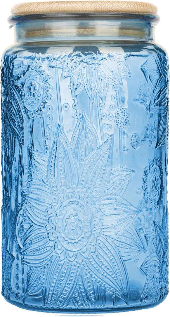 Glass Storage Jars With Airtight Lid, 35oz Canister For Kitchen Counter with Bamboo Lid, brown sugar, candy, coffee, cookie, salt, tea,pantry cute Jar (Blue, 35 fl oz)