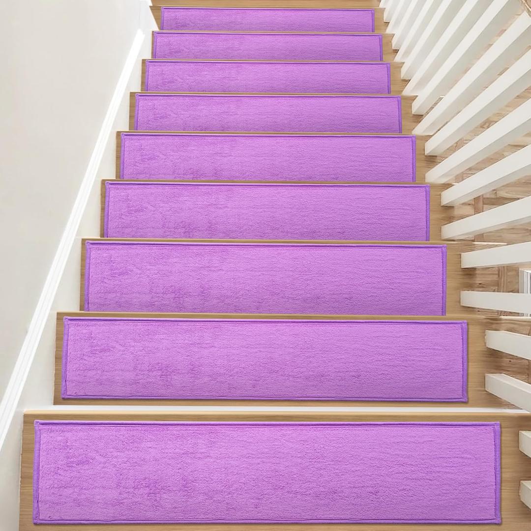 Stair Treads Non Slip Carpet: Indoor Wooden Steps Runner Strips with TPU Self-Suction Backed Washable Rug for Kids Dogs and Elders 14 Pack 30"x8" Lavender