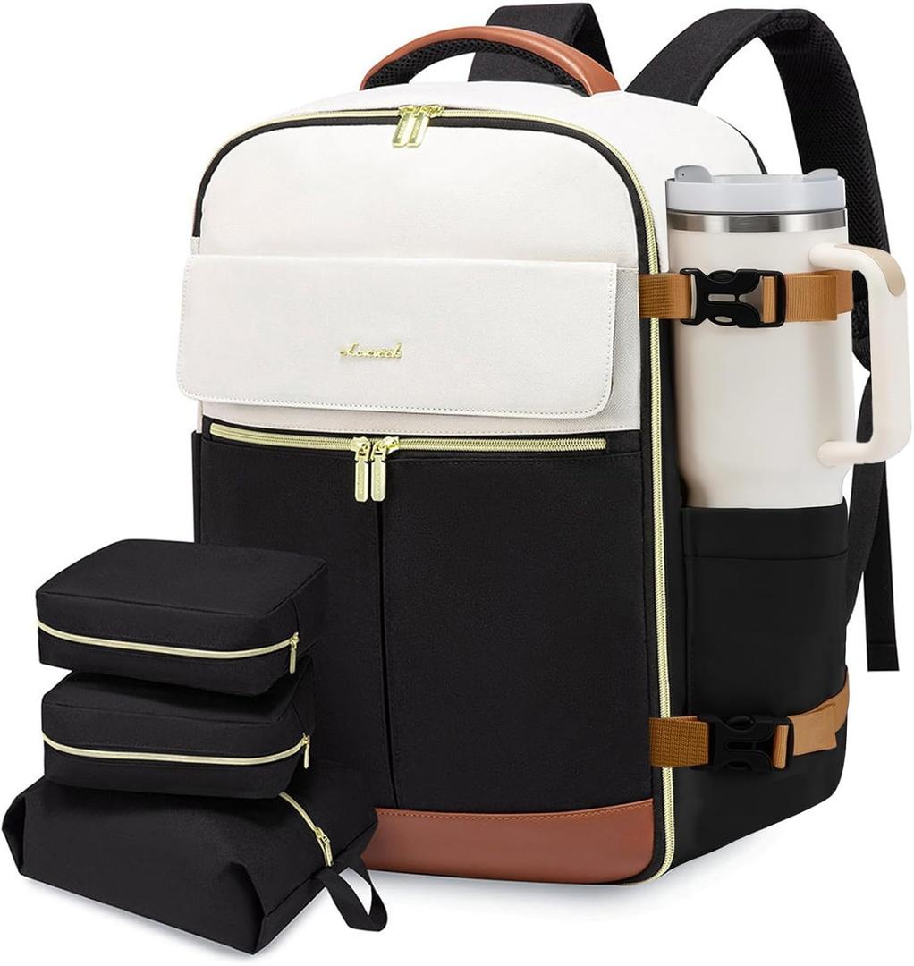 LOVEVOOK Travel Backpack for Women, TSA Carry On Backpack Flight Approved Luggage, 40L Water Resistant Personal Item Daypack Large Weekender Bag fit 17 inch Laptop with 3 Cubes, Beige-black-brown