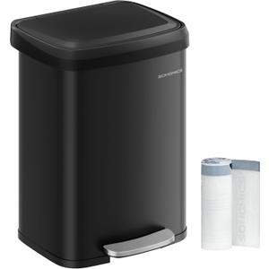 SONGMICS Kitchen Trash Can, 13 Gallon (50 L) Stainless Steel Garbage Can, with Stay-Open Lid and Step-on Pedal, Soft Closure, Tall, Large and Space-Saving, Black ULTB530B50