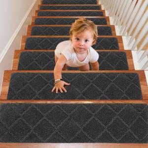 Seloom Upgraded 8" x 30" Stair Treads for Wooden Steps- Carpet Non-Slip with Non Skid Backing Specialized for Indoor Steps, Removable Washable Step Runners Perfect for Dogs(Grey,15-Pack, Dimand)