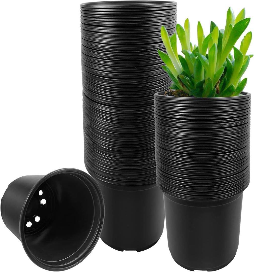 RAOOKIF 100 Pack Nursery Pots, 6 Inch Plastic Plant Pots with Drainage Holes, Black Garden Flower Pots for Transplanting, Succulents, Cuttings, Seedlings (6inch,100pcs)