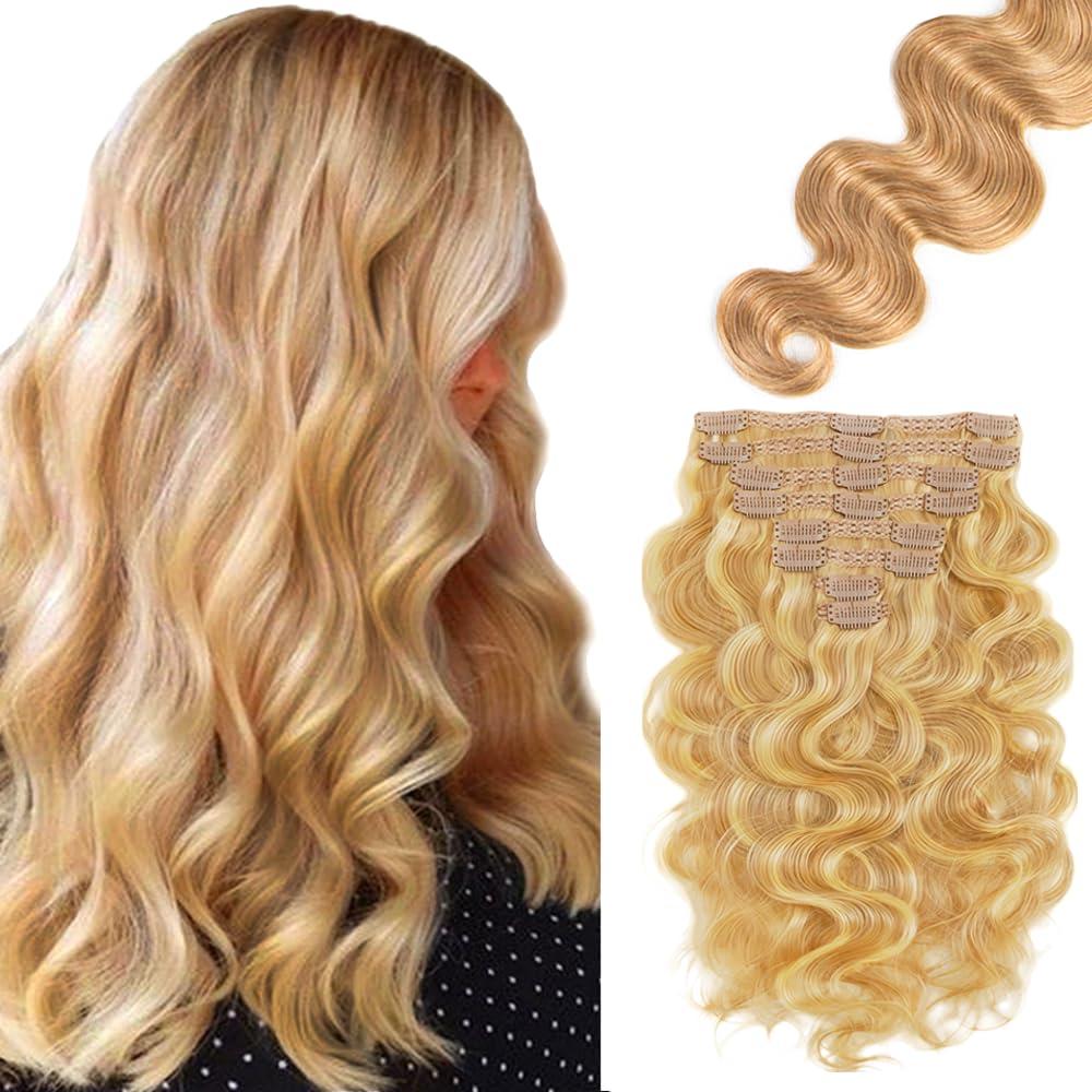 P27/613 Blonde Clip in Hair Extensions Human Hair, Highlight Honey Blonde Body Wave Remy Hair Extensions Clip ins for Women, 14 Inch 120g 7Pcs, Blonde Human Hair Extension