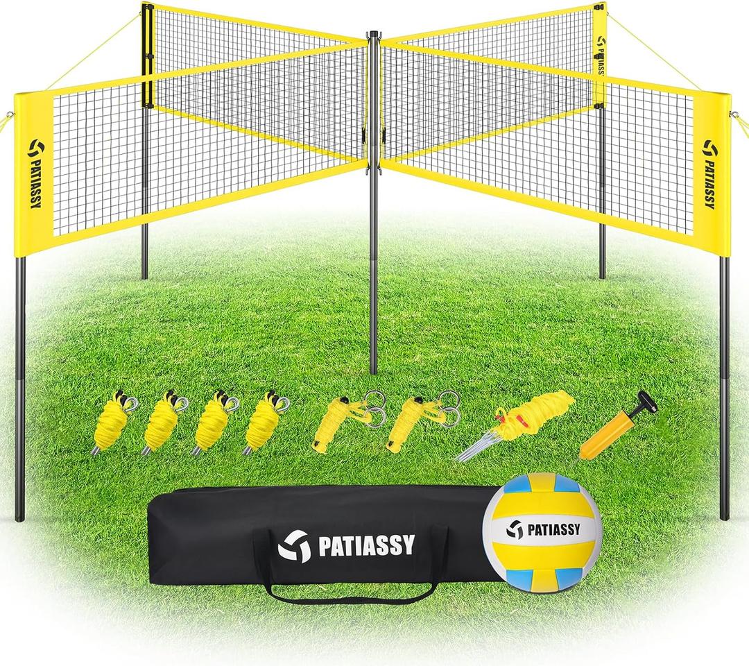 4 Square Volleyball Game Set, 4 Way Net System with 16FT & 32FT Court, Adjustable Height Backyard Badminton Combo, Portable Outdoor Kit with Ball, Pump, Boundary Line, Carry Bag (Yellow)