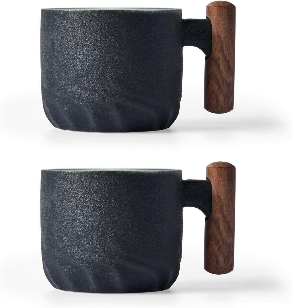 Ceramic Espresso Cups with Wooden Handle Espresso Shot Cups Ceramic Tea Cups Porcelain Demitasse Cups for Coffee or Tea, 2oz (black, 2) 
