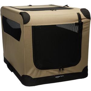 Amazon Basics Portable Folding Soft Dog Crate, Double Door, Collapsible Travel Kennel, Easy to Assemble, Medium, 29.92" x 21.3" x 21.3", Tan