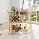 FATORRI Bar Cart Gold, Home Bar Serving Cart with Wine Rack and Glasses Holder, Wine Carts on Wheels with 3 Tier Mirrored Shelves for Liquor and Beverage (Gold), 13.98 D x 35.47 W x 36.30 H