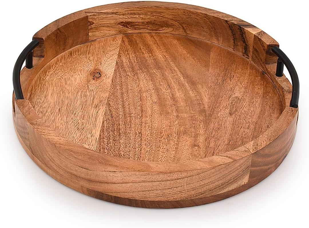 Mahasu Tray Acacia Wood Round Serving Tray with Iron Handles for Coffee Table Decor Centerpiece Kitchen Counter (12" X 12" X 1.6")